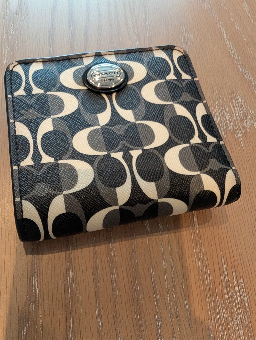 Coach Signature Print Snap Wallet Black Gray White Compact Bifold